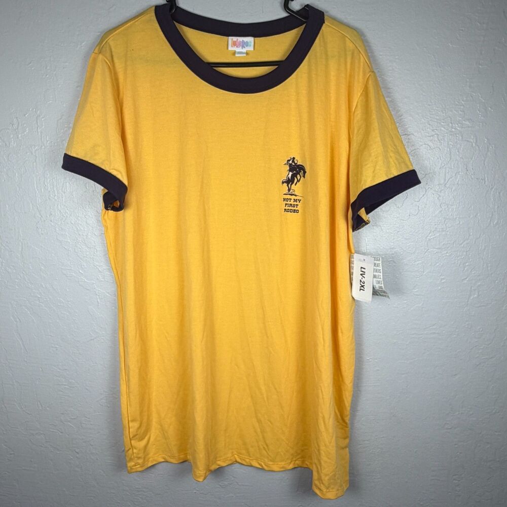 LuLaRoe Liv Womens 2XL Yellow Purple Not My First Rodeo Graphic Ringer Tee NWT